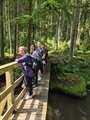 Die Schülerinnen stehen zusammen mit ihren Lehrerinnen auf einer Brücke, die über einen Bach im Wald führt.