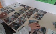 Das Bild zeigt einen Tisch, auf dem verschiedene Fotos in Reihen untereinander liegen. Ein Schüler legt die Fotos um.