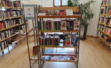 Das Bild zeigt eine Regal der Regionalbibliothek mit vielen verschiedenen Büchern in leichter Sprache auf vier Regalbrettern.